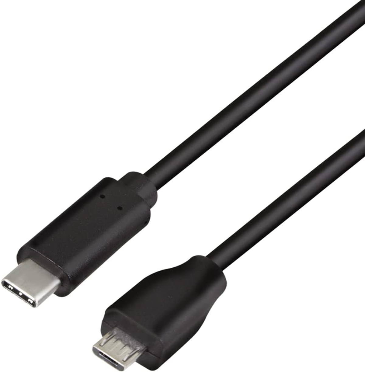 Czarny kabel USB-C do Micro USB. Jeden koniec to USB-C, drugi Micro USB.