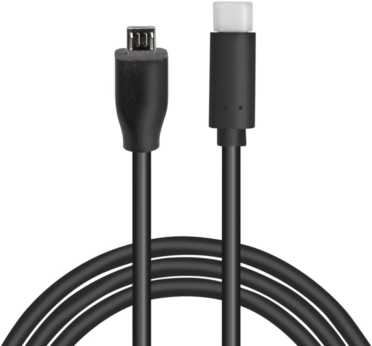 Dwa czarne kable USB, jeden micro USB i jeden USB-C. Białe tło.