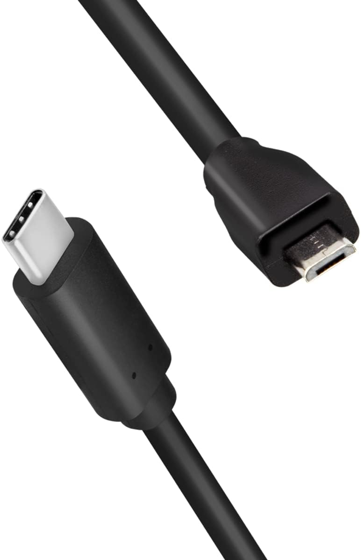 Czarny kabel ładujący USB-C do Micro USB. Jest to kabel z dwoma różnymi końcówkami.