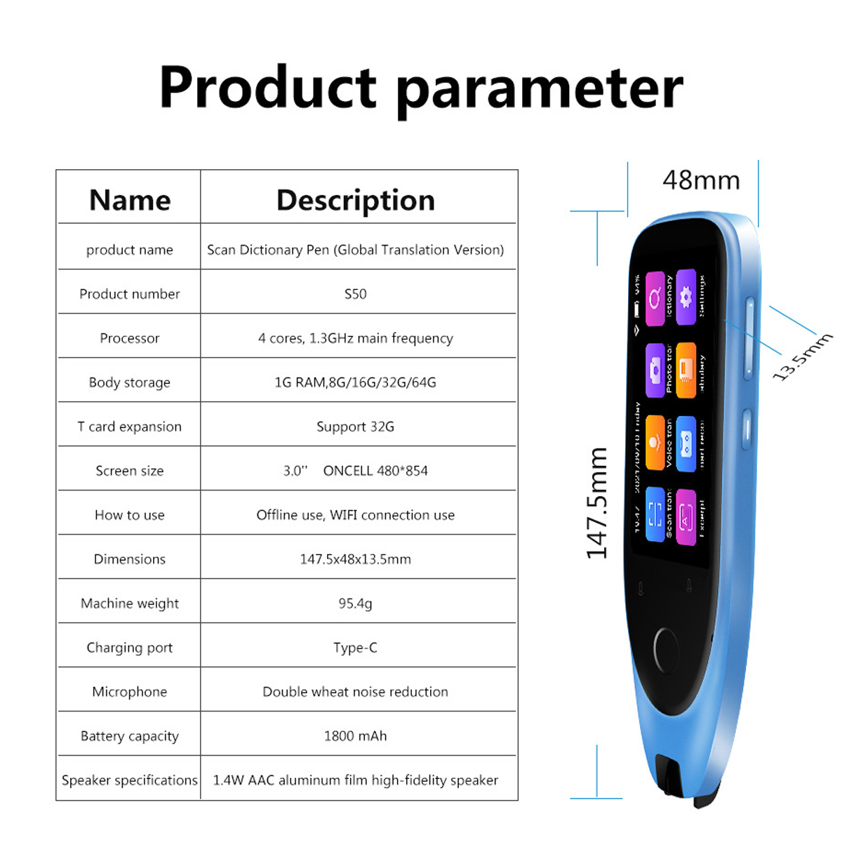 Ein blauer Scan-Wörterbuchstift mit Produktdiagramm und Abmessungen auf Weiß.