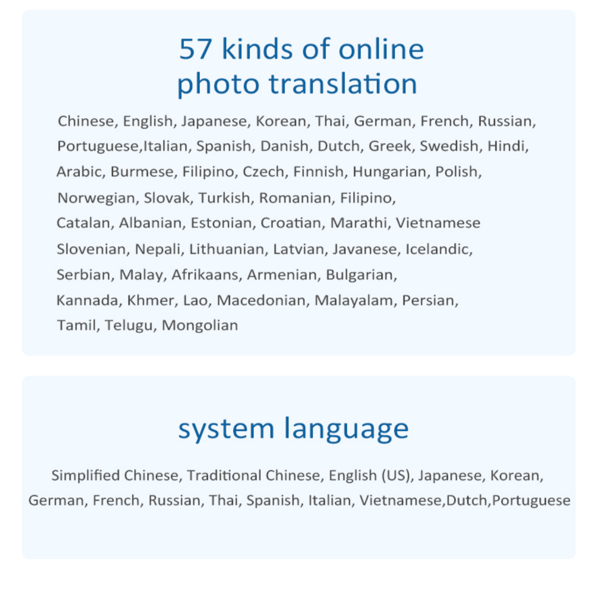 Liste von 57 Sprachen für Online-Fotoübersetzung, darunter Chinesisch, Englisch und andere.