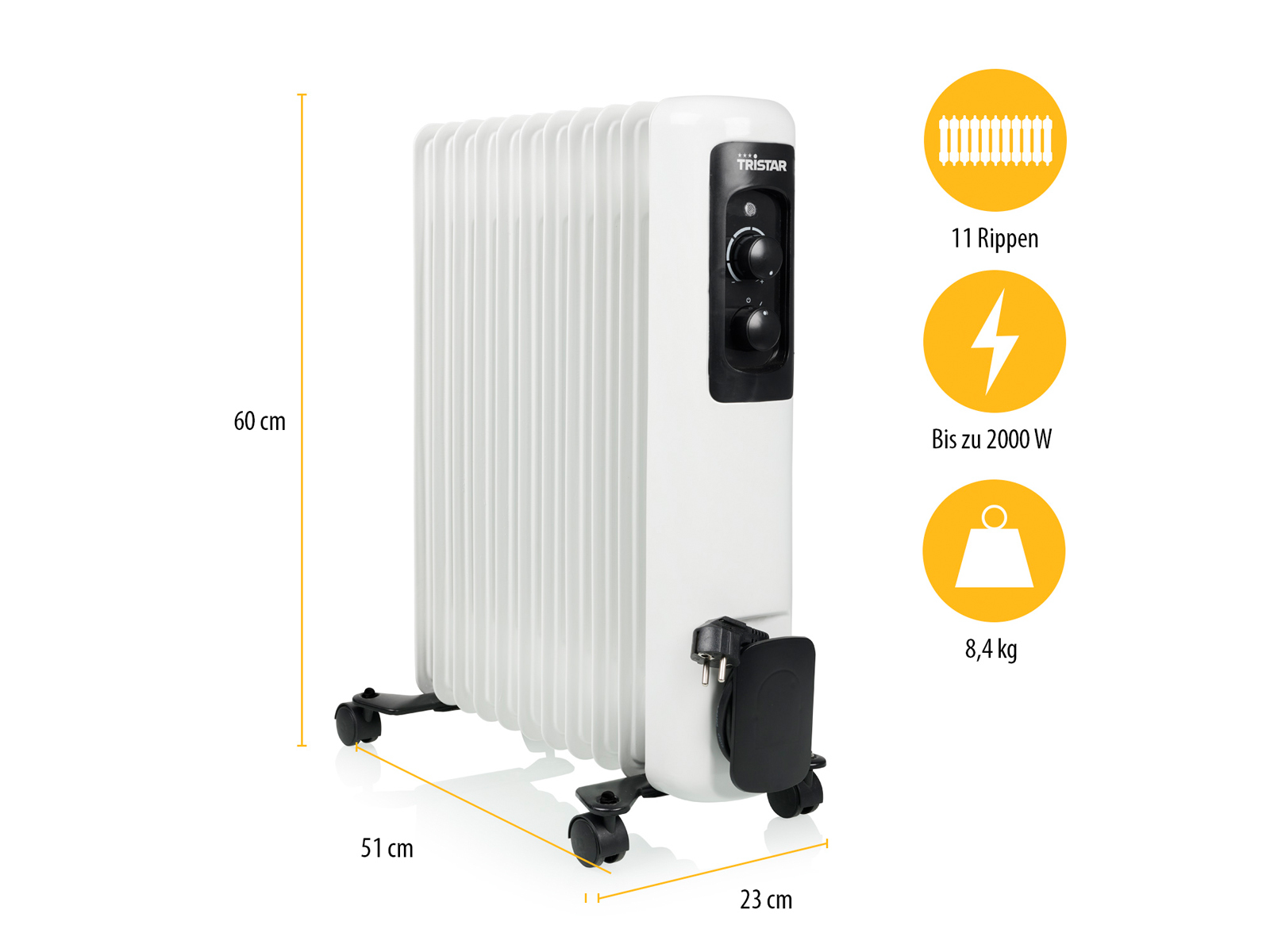 Biały grzejnik elektryczny na kółkach z wymiarami. Ma 11 żeber i czarny panel sterowania.