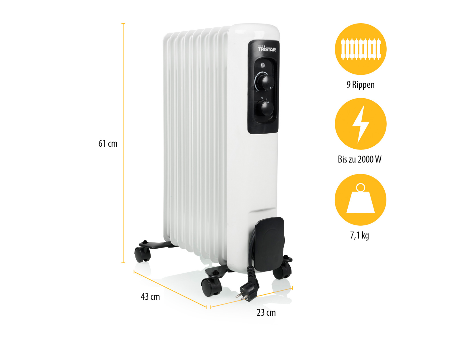 Termosifone radiatore ad olio bianco con dimensioni e icone su sfondo bianco.
