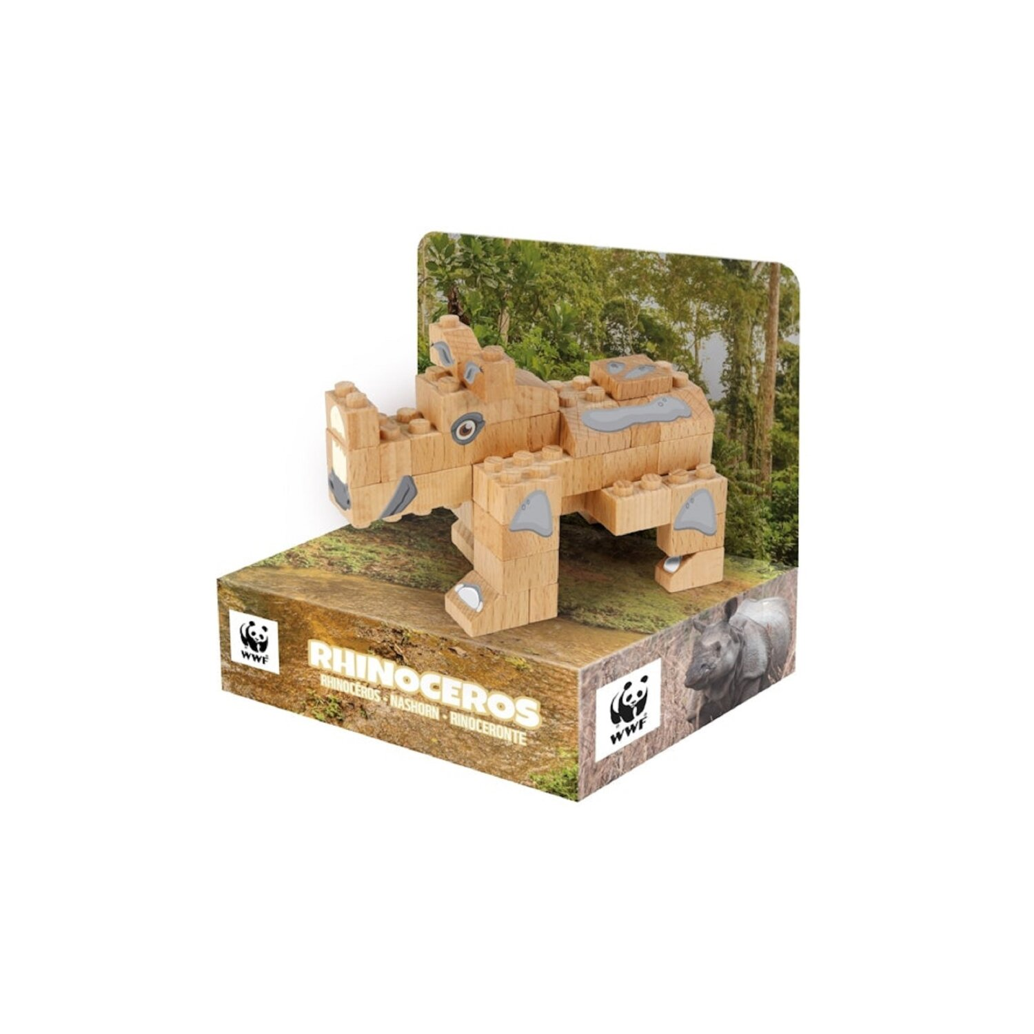 Hölzernes Nashorn-Spielzeug auf einem Display mit WWF-Logo. Hintergrund ist Wald.