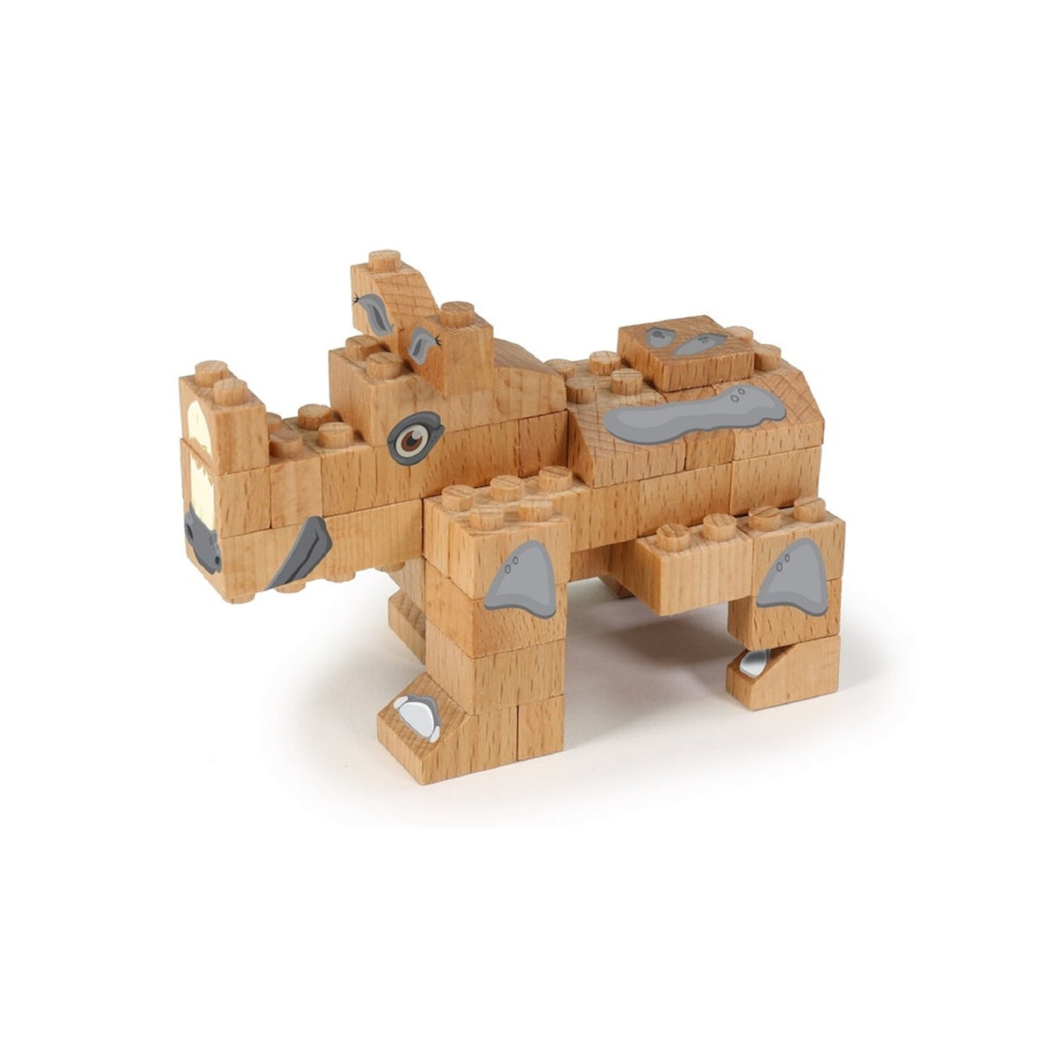 Rhino-Spielzeug aus Holzblöcken auf weißem Untergrund.