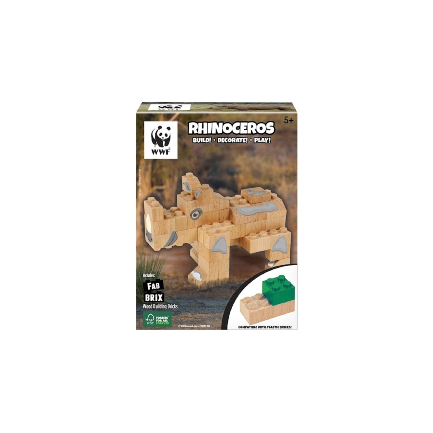 Box mit Holz-Nashorn-Spielzeug, WWF-Logo. Enthält Holzblöcke in verschiedenen Formen. Hintergrund zeigt Gras.