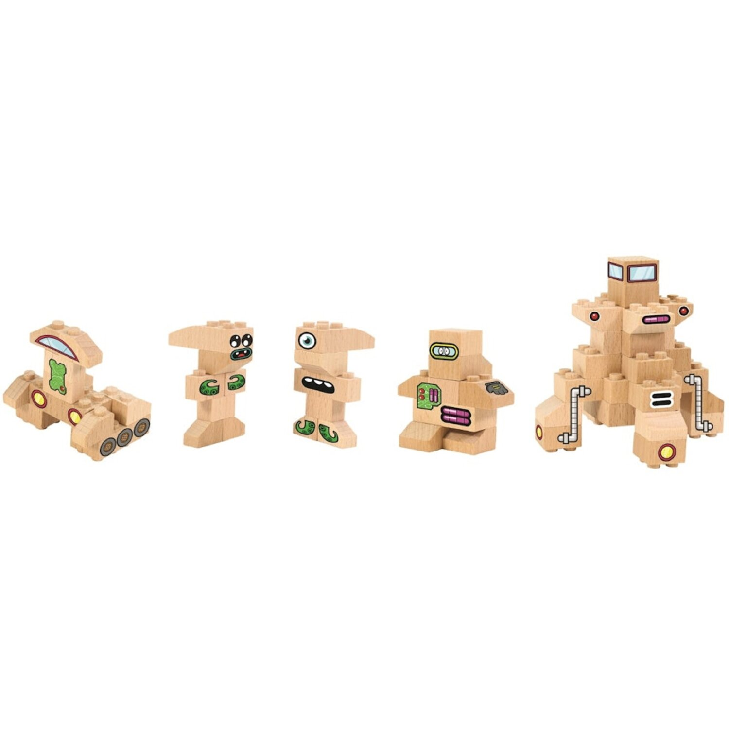 Hölzerne Spielzeugroboter in einer Reihe: ein Auto, zwei Roboter und ein Turm.
