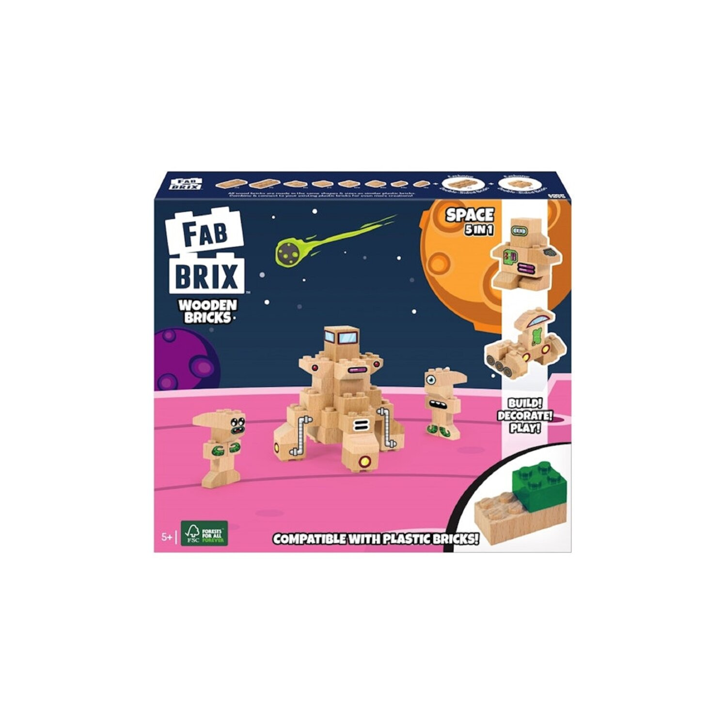 Holzspielzeug-Bausteine mit Weltraumthema, Box zeigt Kometen und Planeten. Inklusive Holzfiguren.
