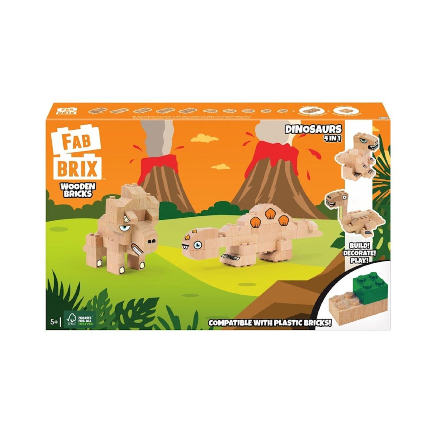 Karton mit Holz-Dinosaurierspielzeug und Vulkanhintergrund.