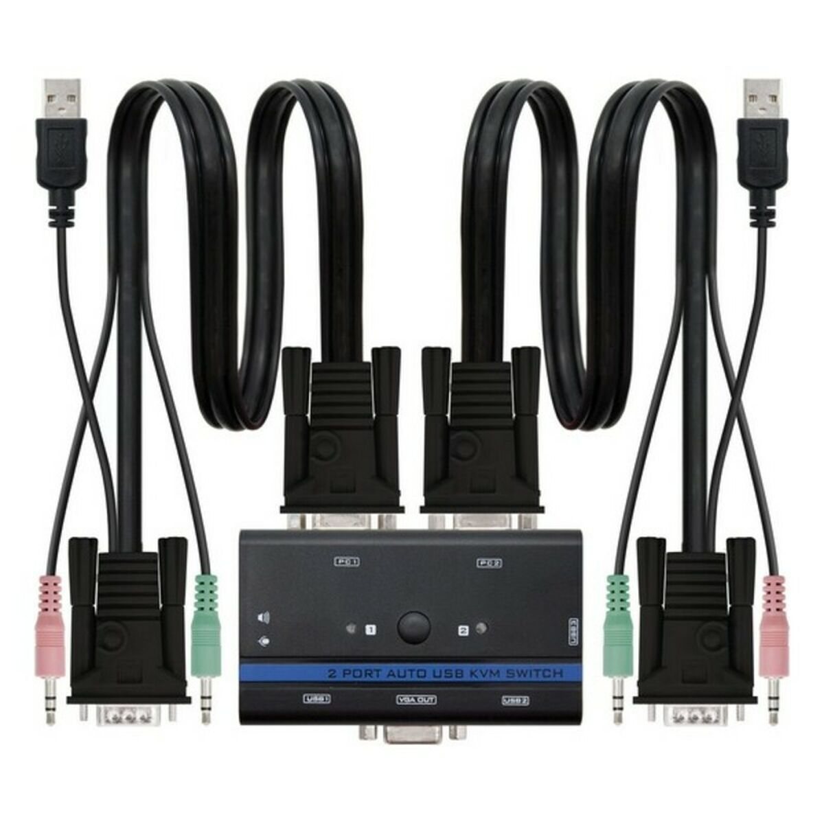 Ein schwarzer 2-Port-USB-KVM-Switch mit mehreren Kabeln und Anschlüssen, auf weißem Untergrund.