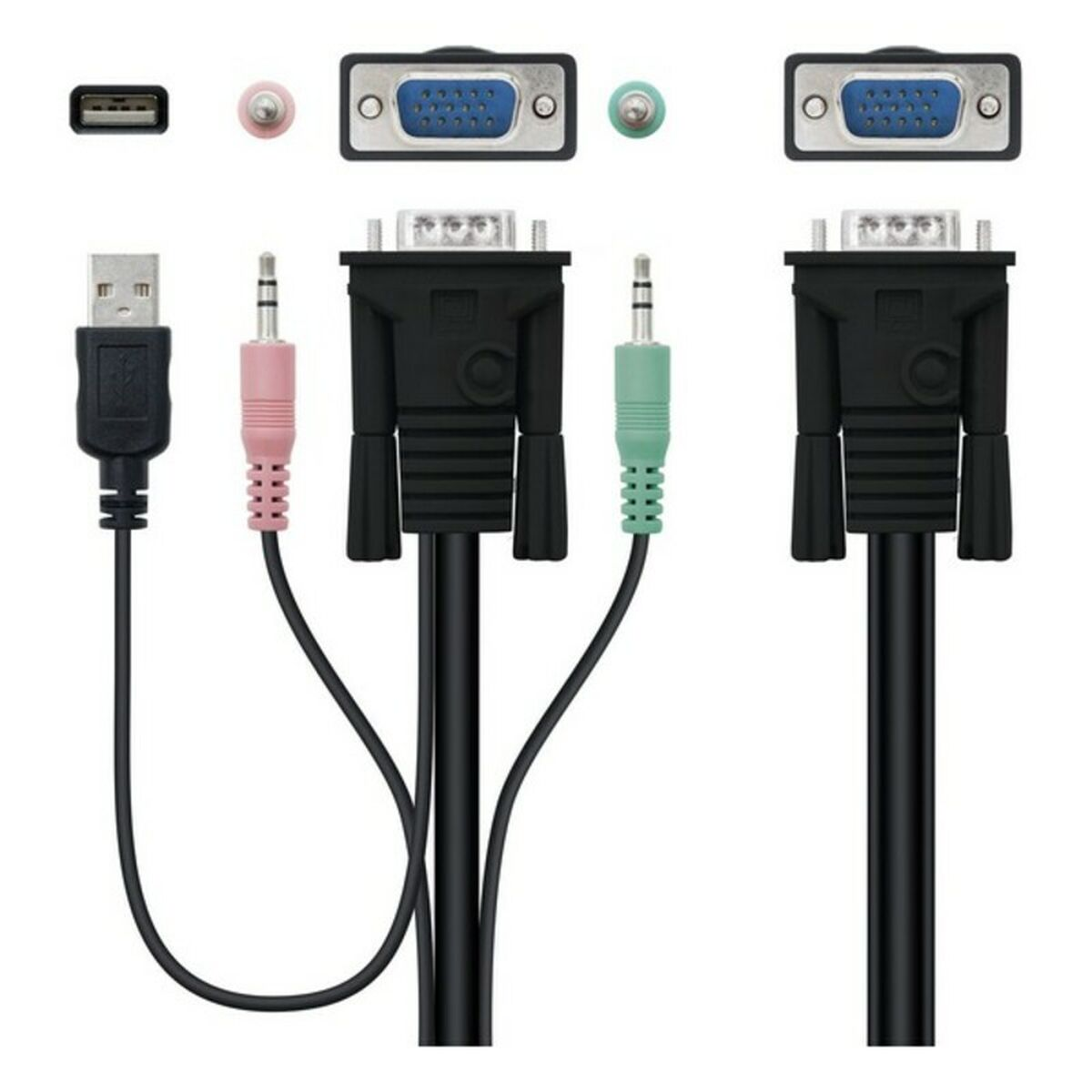 Ein Satz von Computerkabeln. Es gibt ein USB-Kabel, Audiokabel und Videokabel.