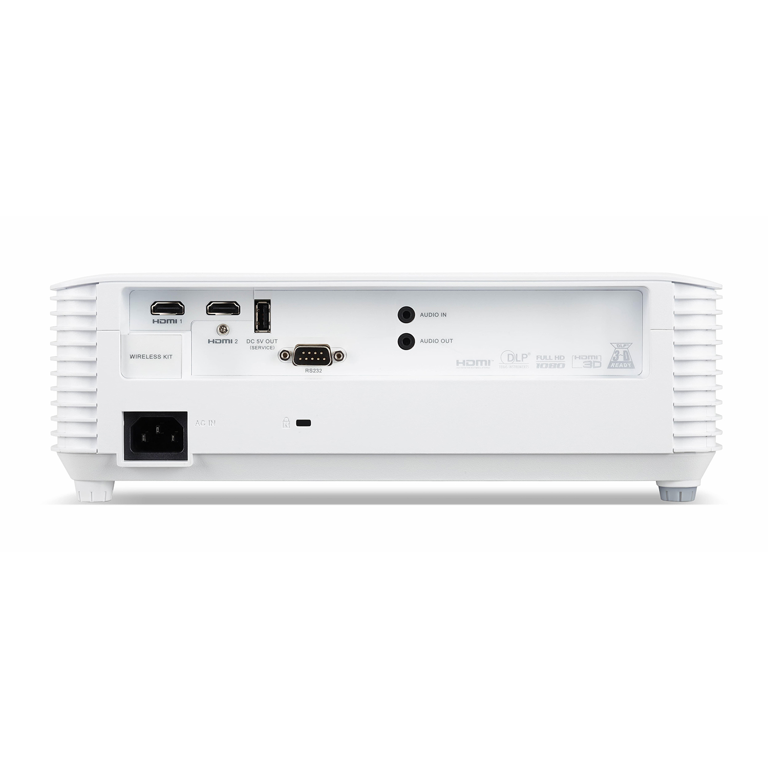 Weißer Projektor mit Rückwand. HDMI und andere Anschlüsse sichtbar. Weißer Hintergrund.