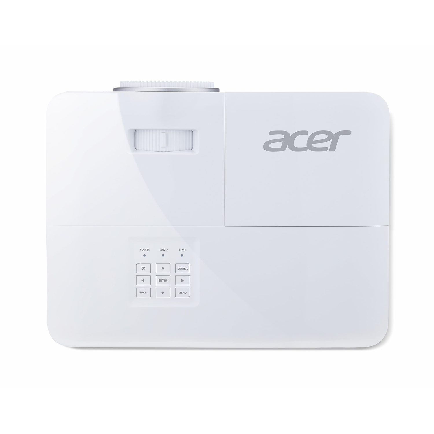 Weißer Acer-Projektor, Draufsicht, Tasten und Einstellungen sichtbar.