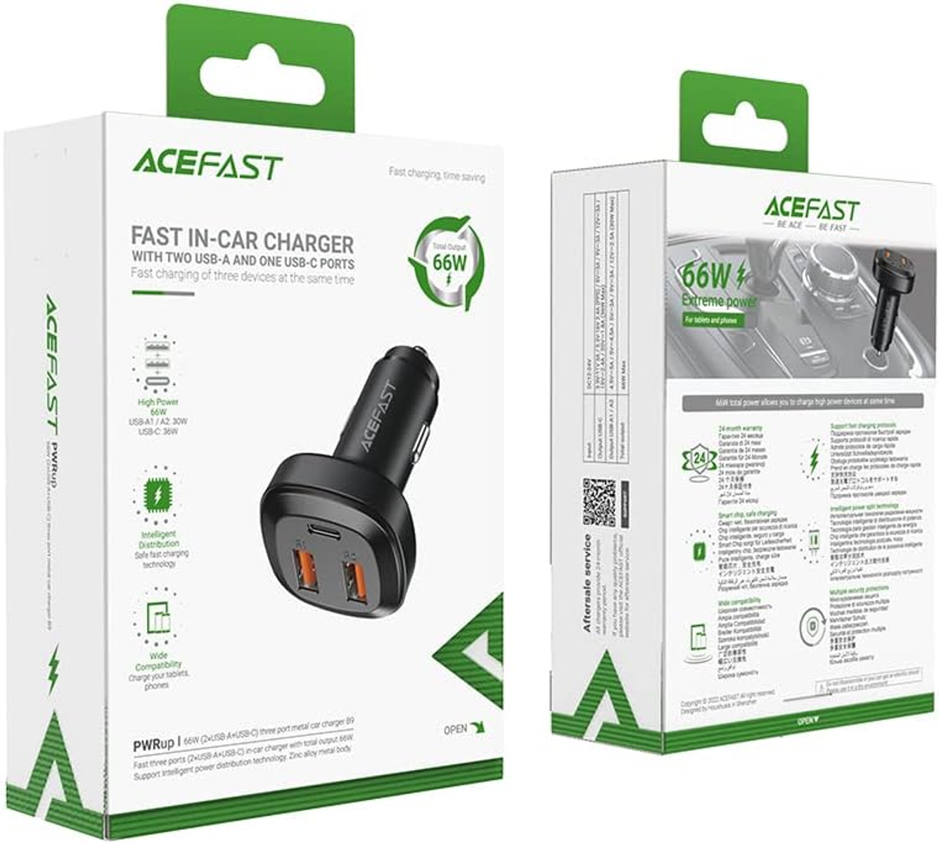 Zwei Kartons mit Autoladegeräten mit USB-Anschlüssen. Die Kartons zeigen das Ladegerät und seine Funktionen.
