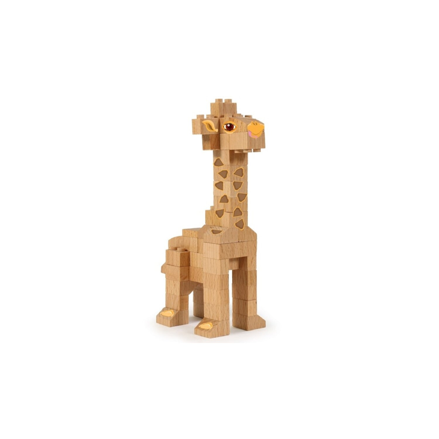 Ein Holz-Giraffen-Spielzeug aus Blöcken.