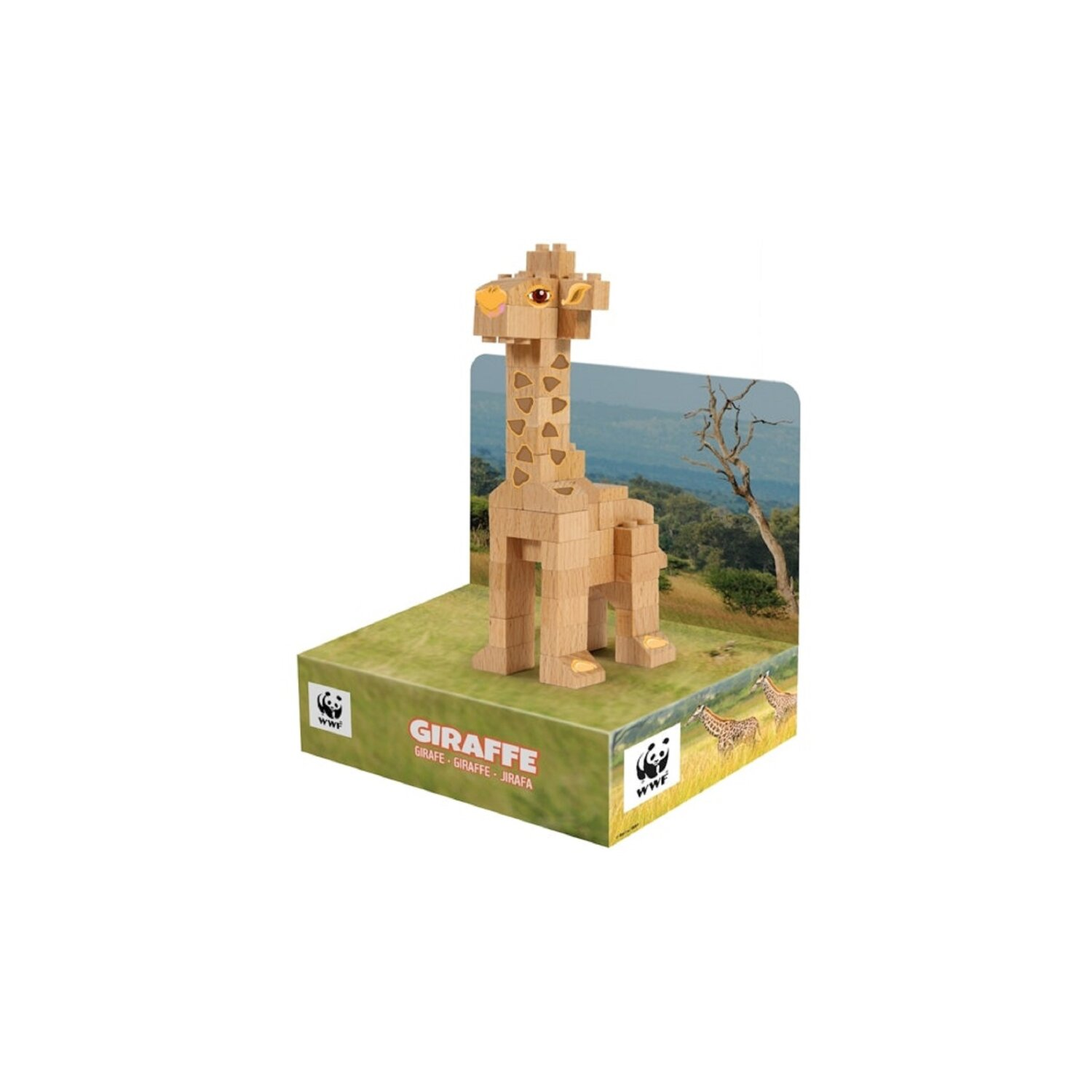 Holz-Giraffen-Spielzeug auf einem Präsentationsständer mit Dschungel-Kulisse.