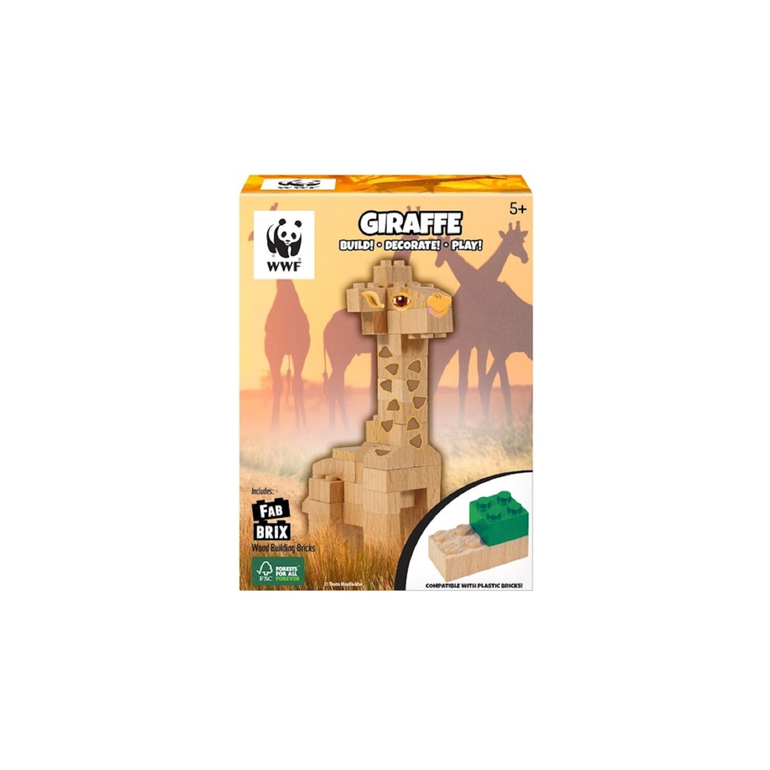 Eine Spielzeugkiste mit einer Giraffe aus Holzblöcken und einem grünen Stein.
