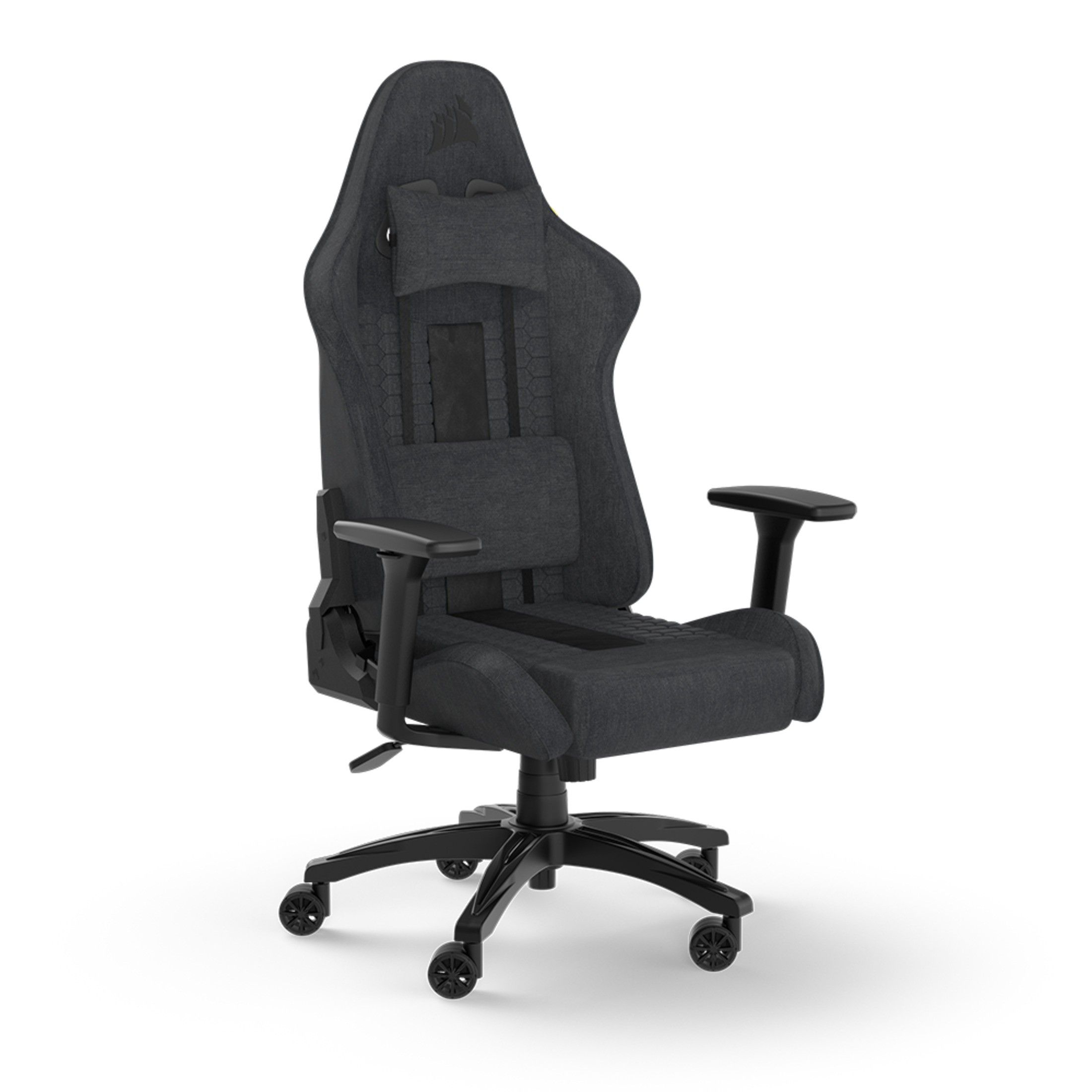 Ein grau-schwarzer Gaming-Stuhl auf weißem Hintergrund.