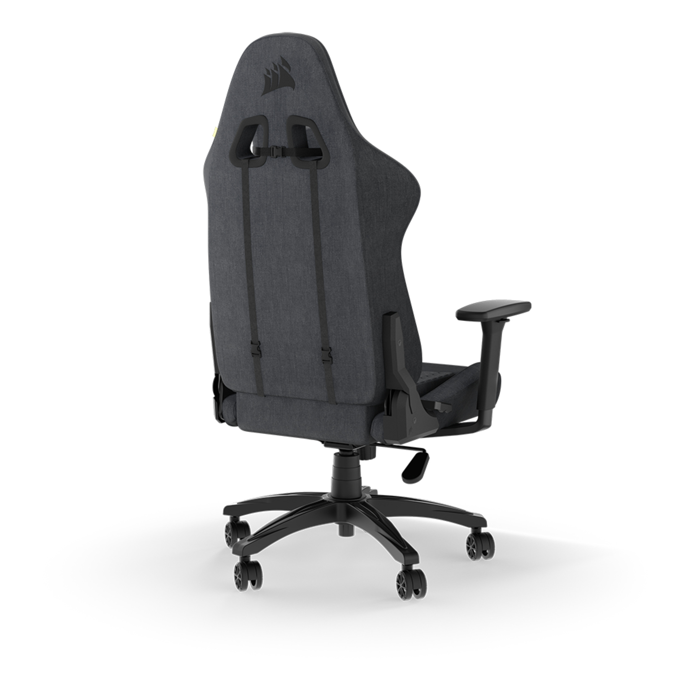 Gaming-Stuhl von hinten mit schwarzen und grauen Farben.