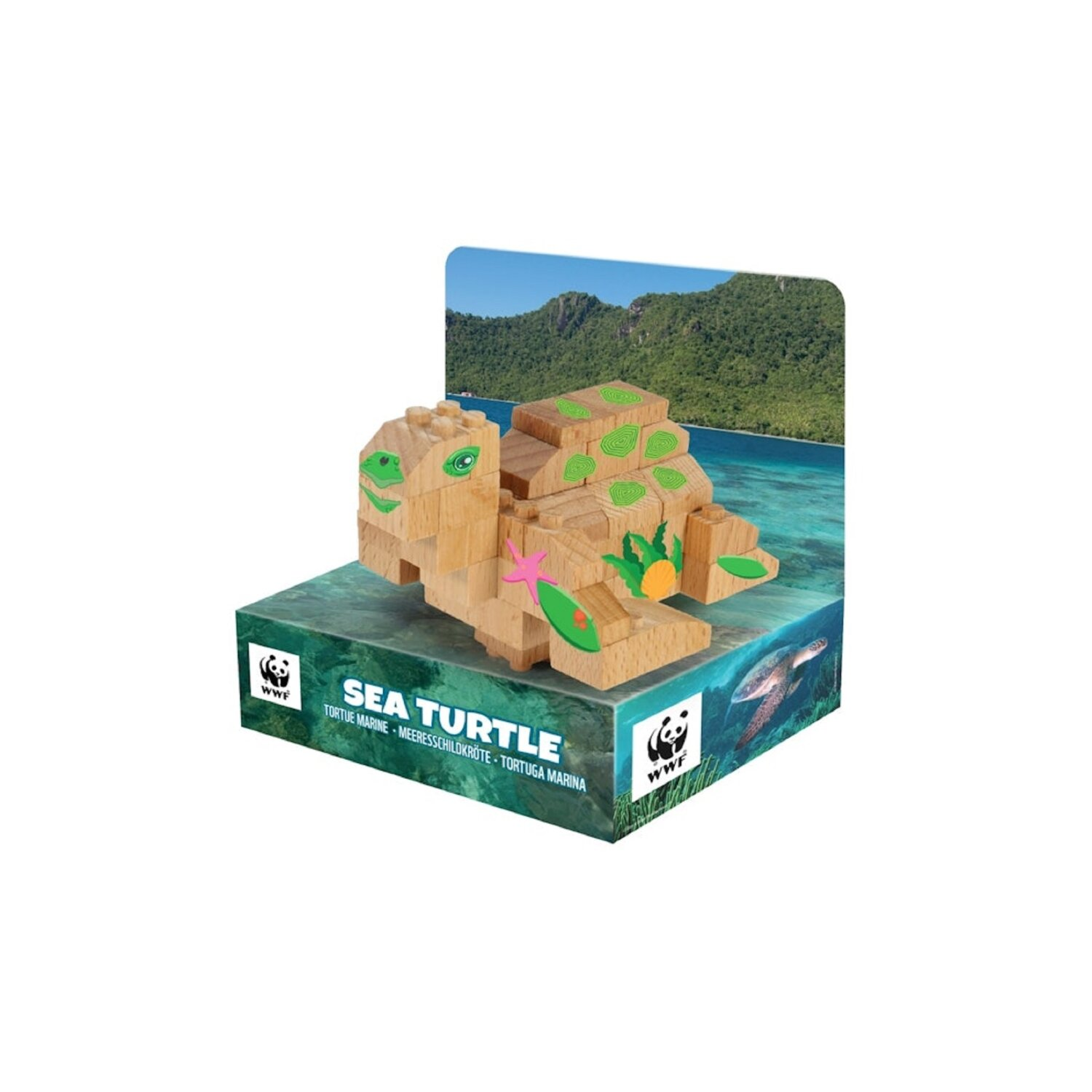 Holz-Schildkrötenspielzeug auf einem Display mit tropischem Hintergrund.