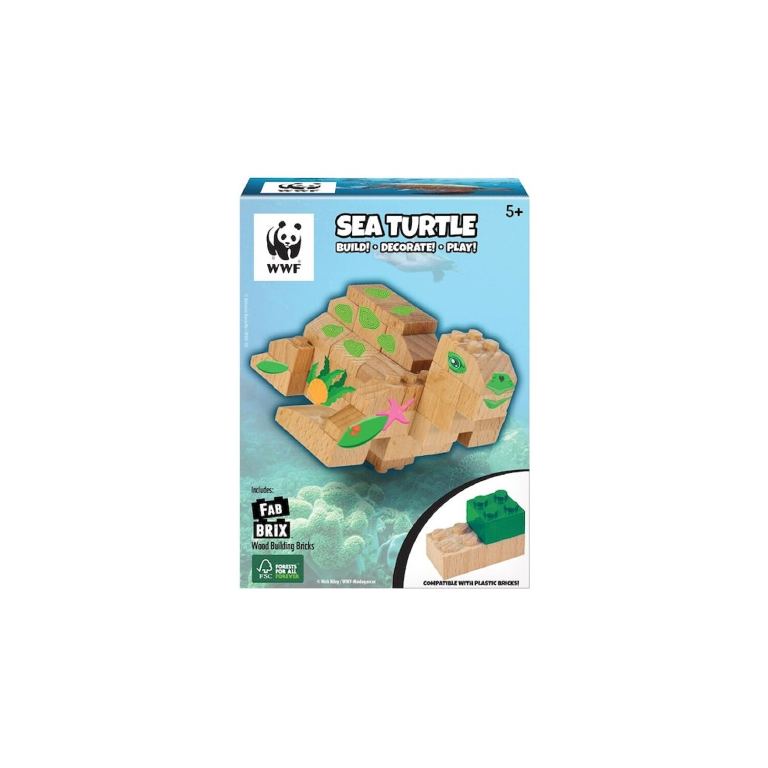 Eine Schachtel mit Sea Turtle Holzbausteinen, mit einem Bild einer Meeresschildkröte aus den Steinen.