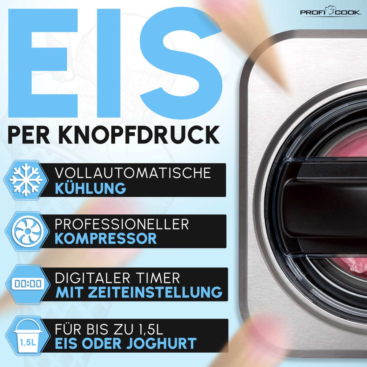 Maszyna do lodów z tekstem podkreślającym cechy, na tle promocyjnym.