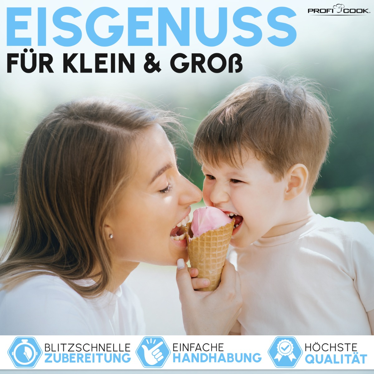 Matka i dziecko jedzą razem lody w rożku. Tekst: "Przyjemność z lodów dla małych i dużych".