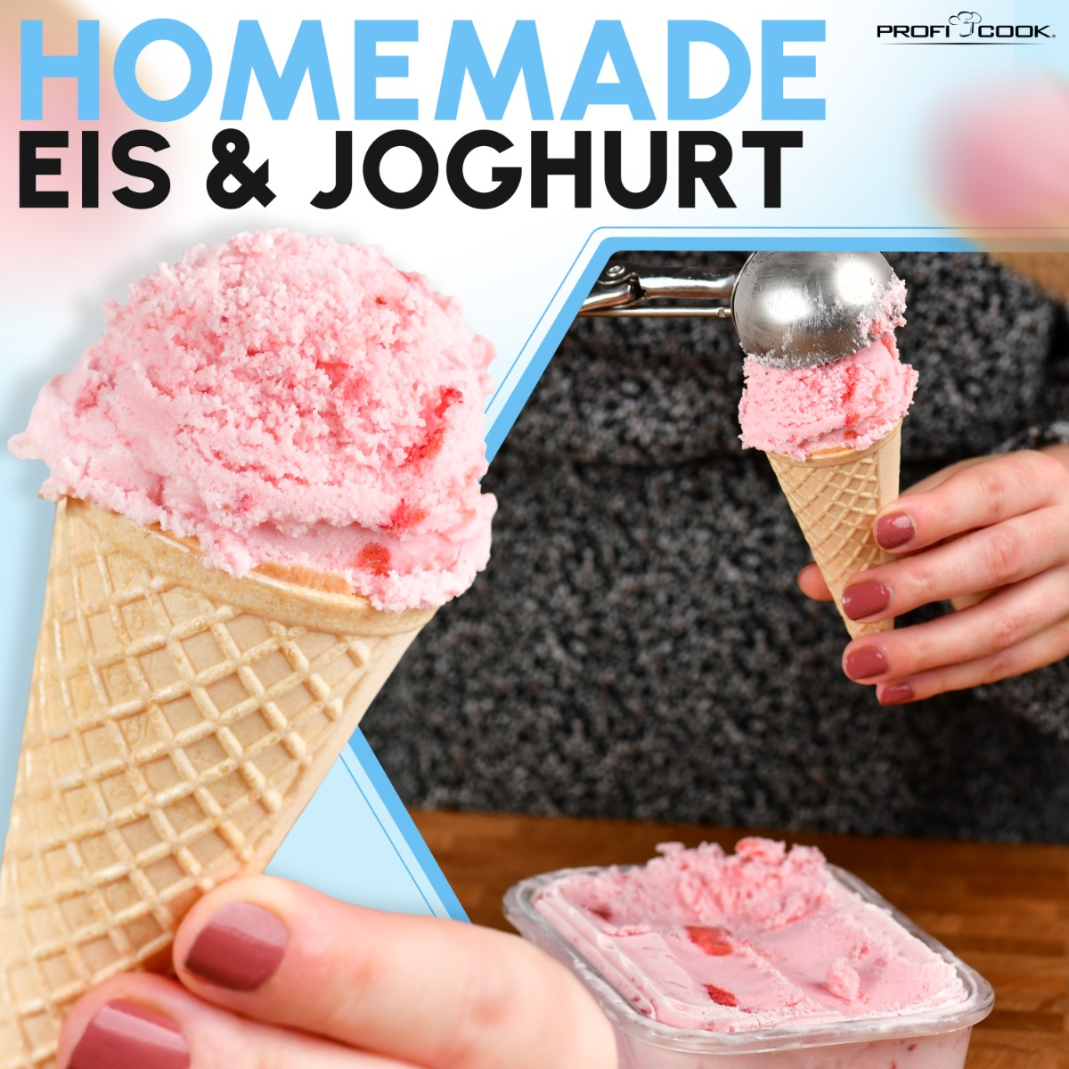 Reklama domowych lodów i jogurtu. Lody truskawkowe w rożku i pojemniku.