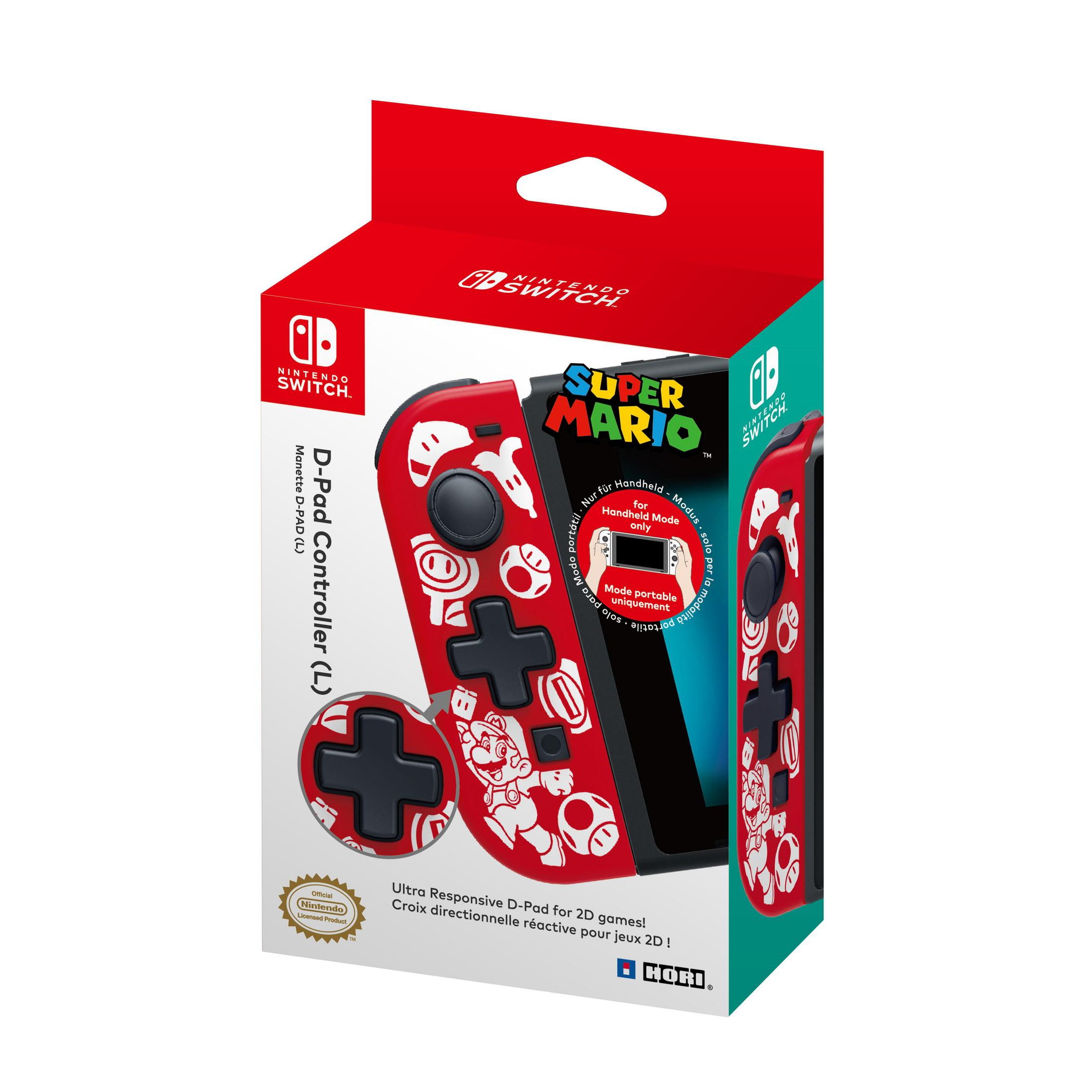 Una scatola del controller Nintendo Switch rossa e nera. Il controller ha un D-Pad e personaggi di Mario.