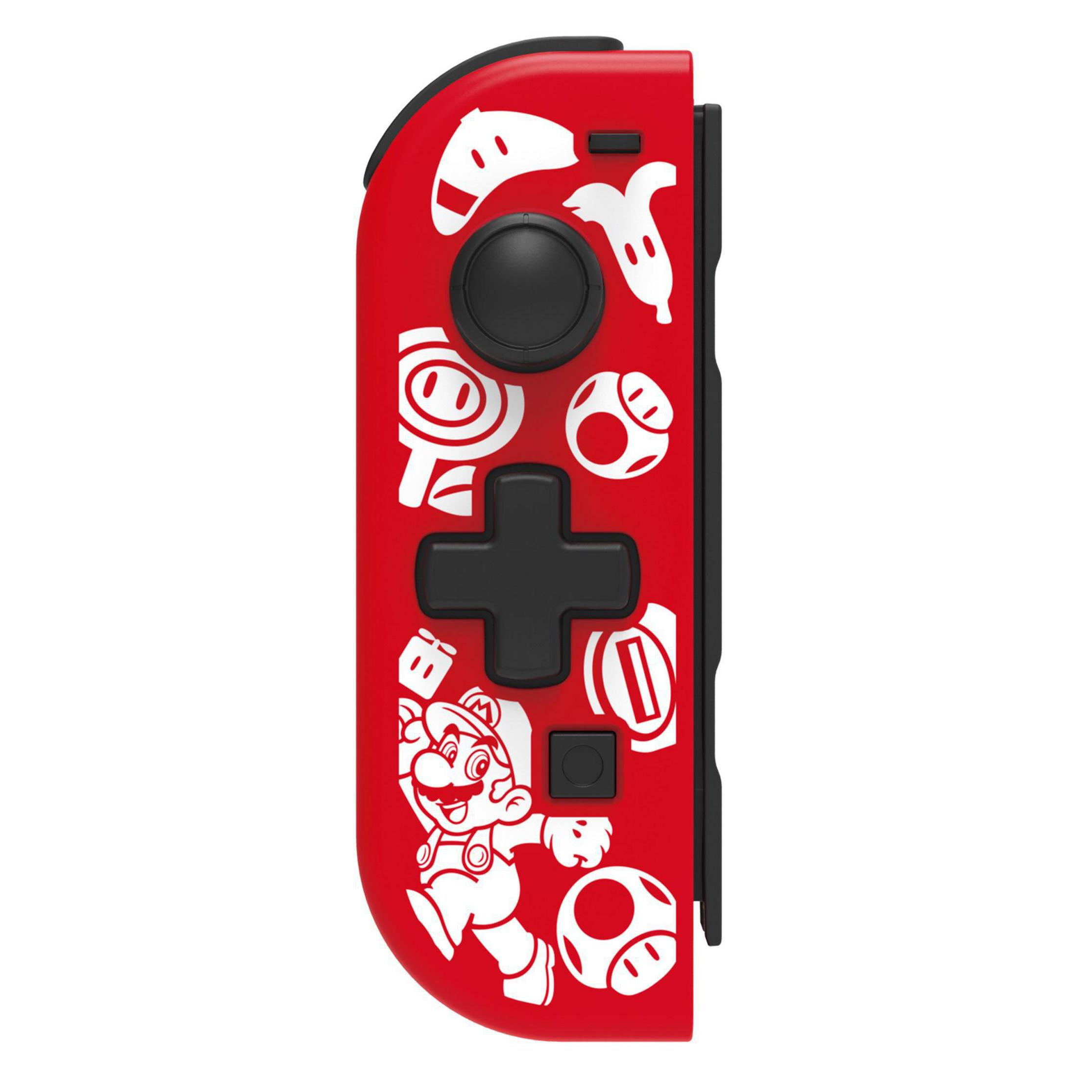 Joy-Con rosso Nintendo Switch con grafica bianca a tema Mario. Pulsanti e joystick neri.