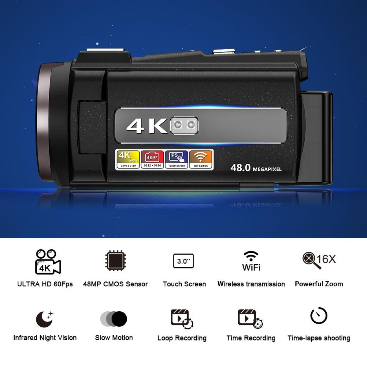 opt. Camcorder 48MP / 4K Zoom INF / Zoom Fernbedienung/32-GB-K / Camcorder 16x IR-Nachtsicht /