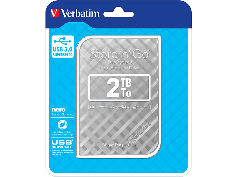 VERBATIM 53198, 2 TB HDD, 2,5 Zoll, extern, Silber | Externe 2,5 Zoll Festplatten