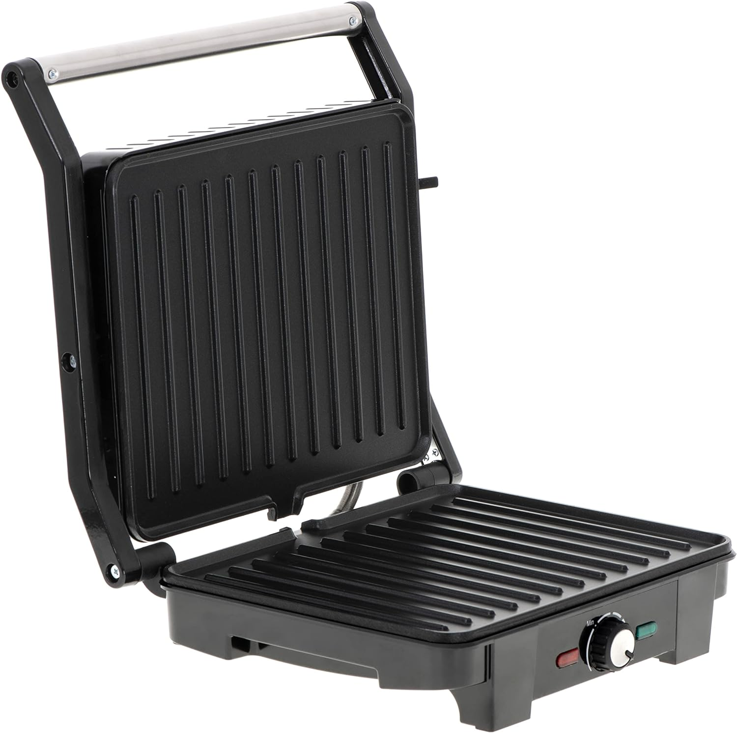 Schwarzer offener Grilltoaster mit Griff und Knopf auf weißem Grund.