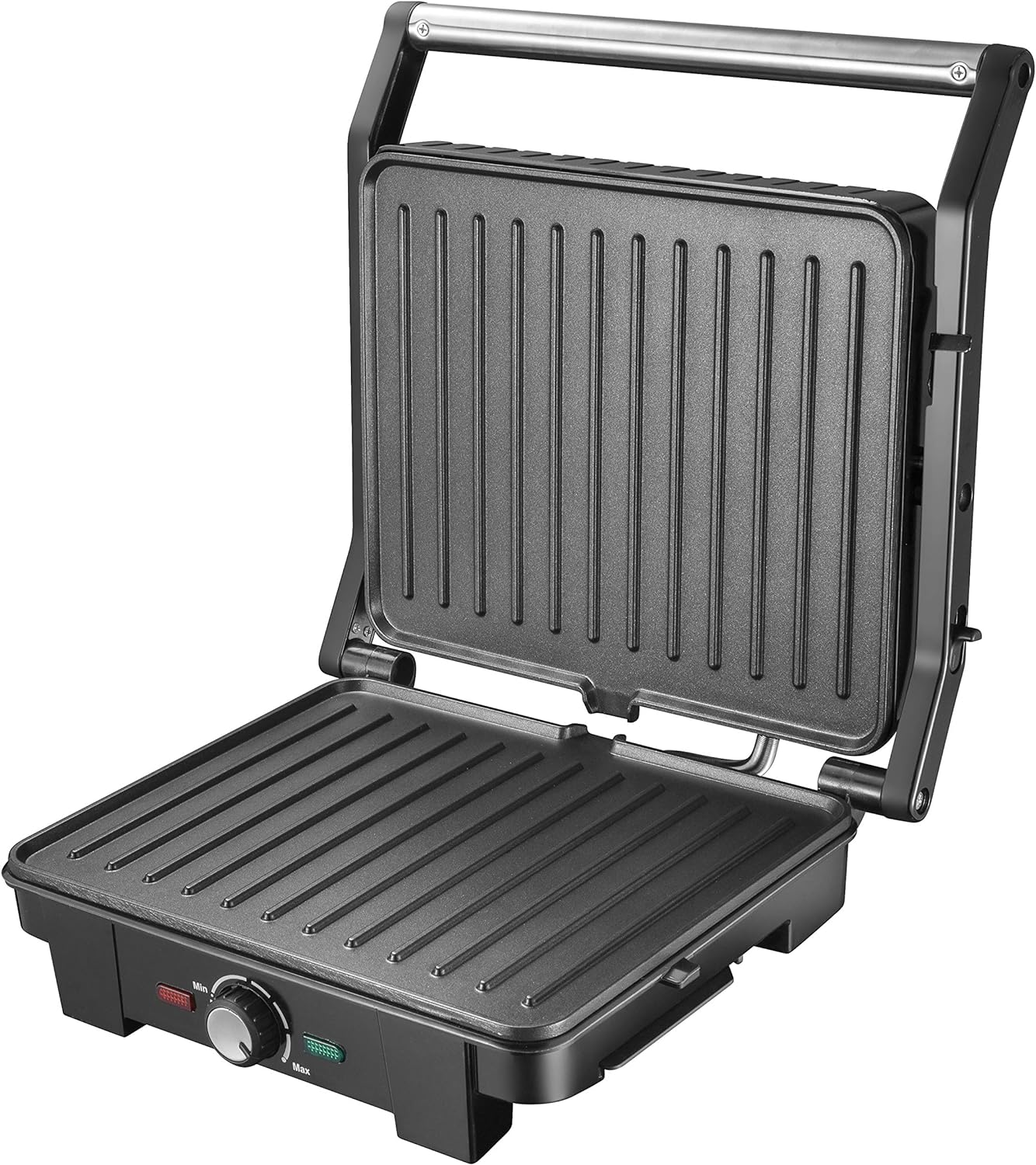 Ein offener schwarzer Grill mit Bedienknopf und rot/grünen Lichtern, auf weißem Hintergrund.