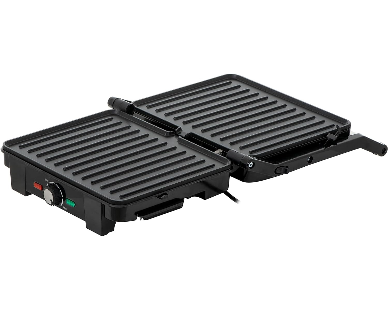Schwarzer Elektrogrill, offen. Weißer Hintergrund.