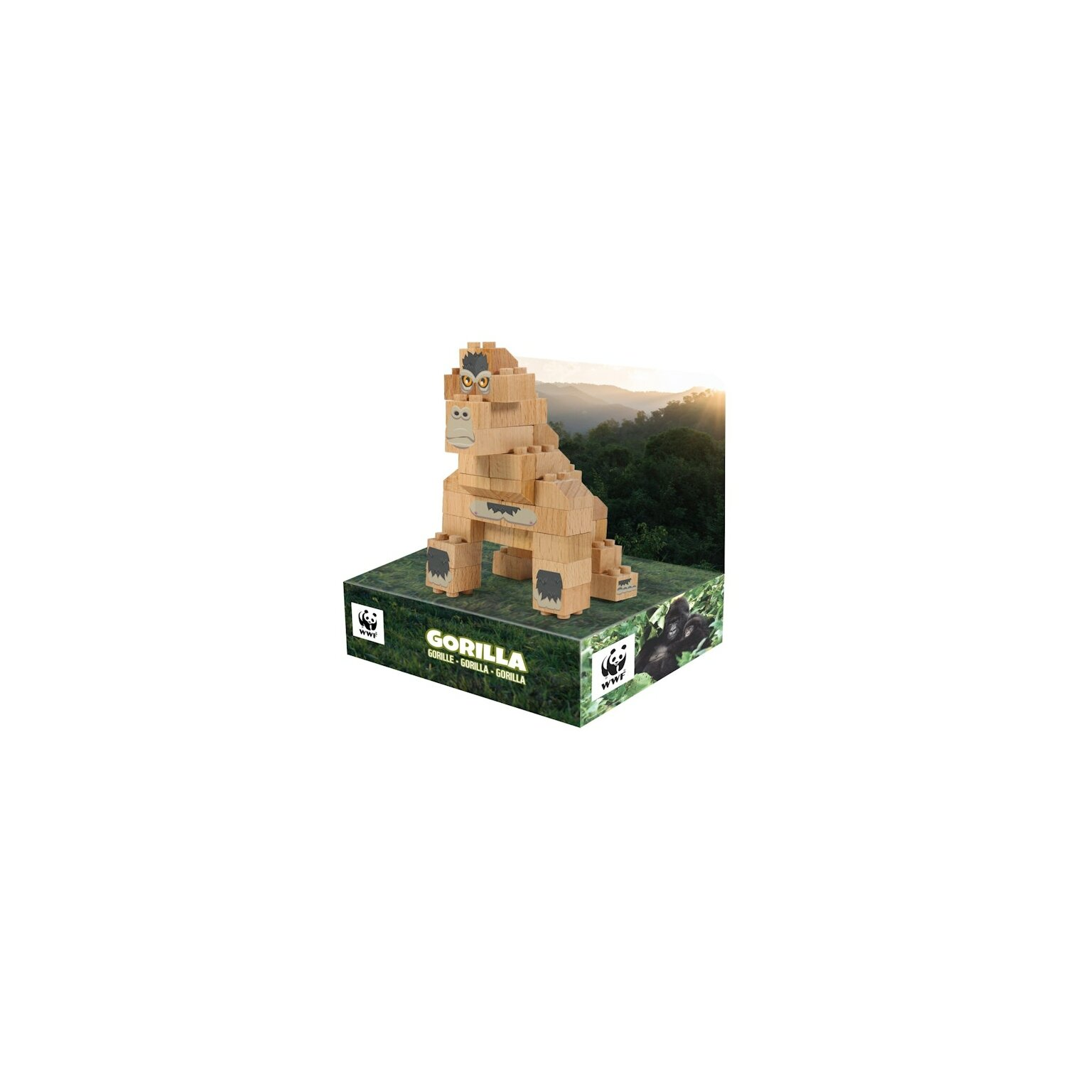 Holzgorilla-Statue auf grüner Basis, mit Waldbild. Das WWF-Logo ist sichtbar.