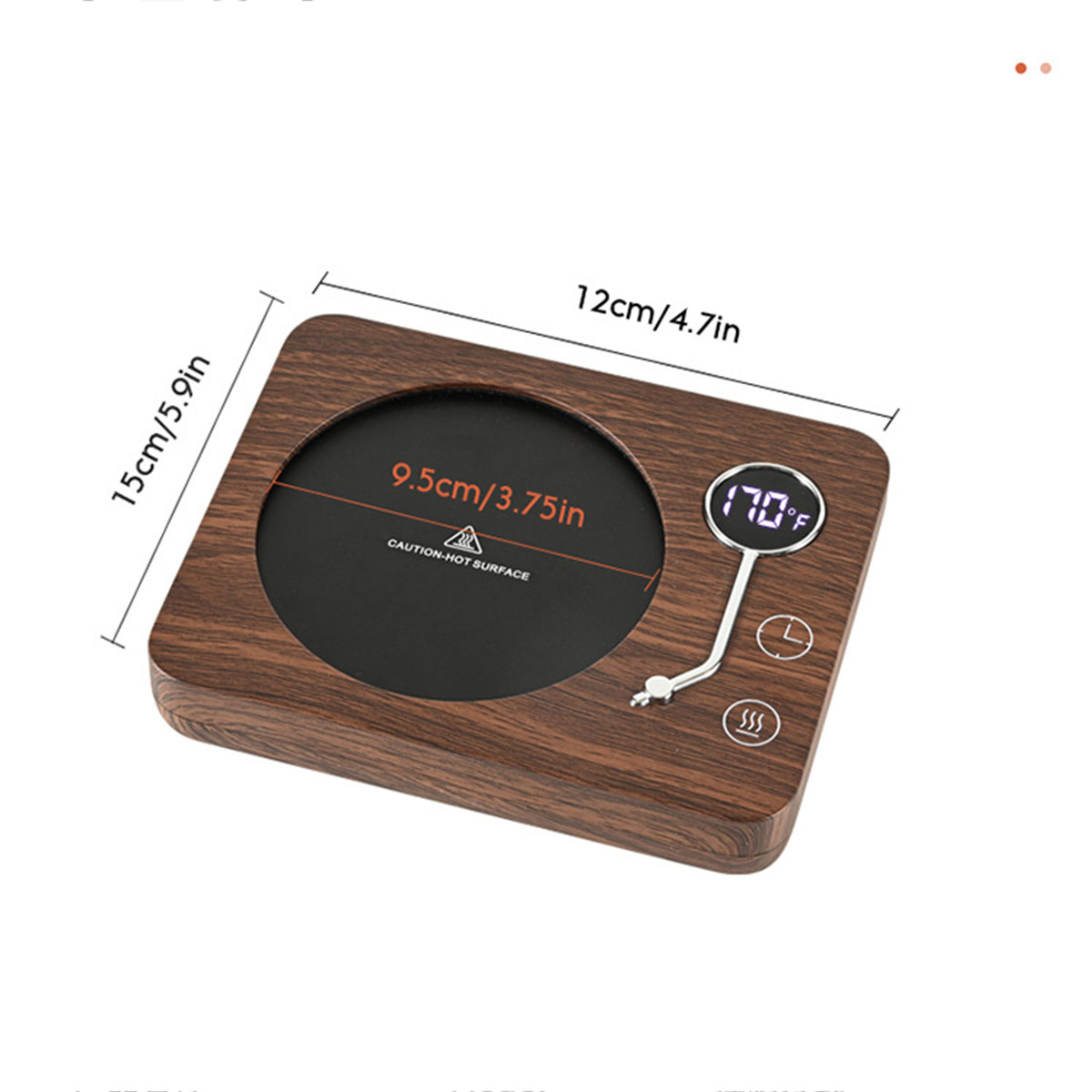 Ein quadratischer Becherwärmer aus Holz mit Maßen und einer Digitalanzeige mit 170 Grad Fahrenheit.