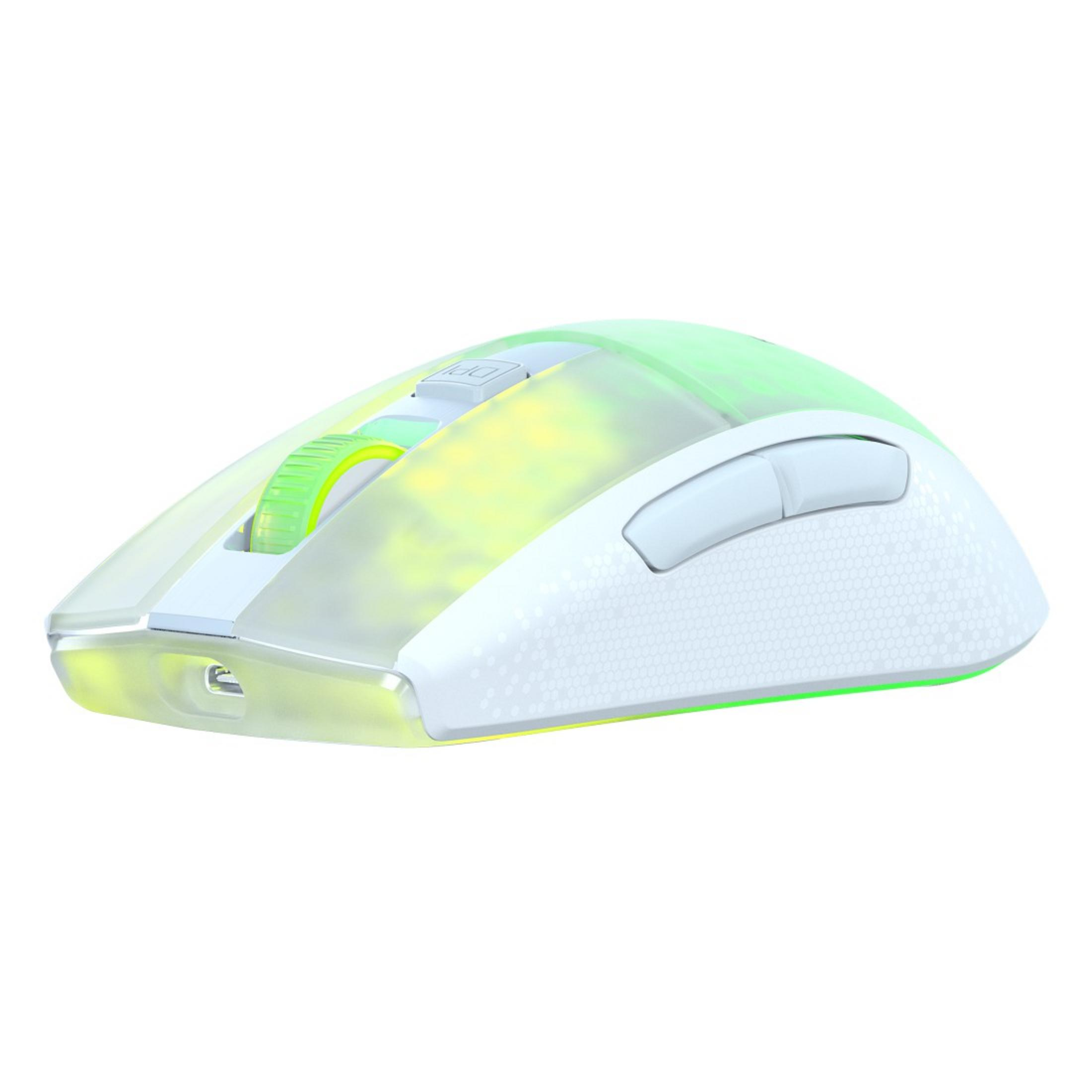 Biała i przezroczysta mysz gamingowa z kolorowymi światłami i przyciskami. Posiada port ładowania.
