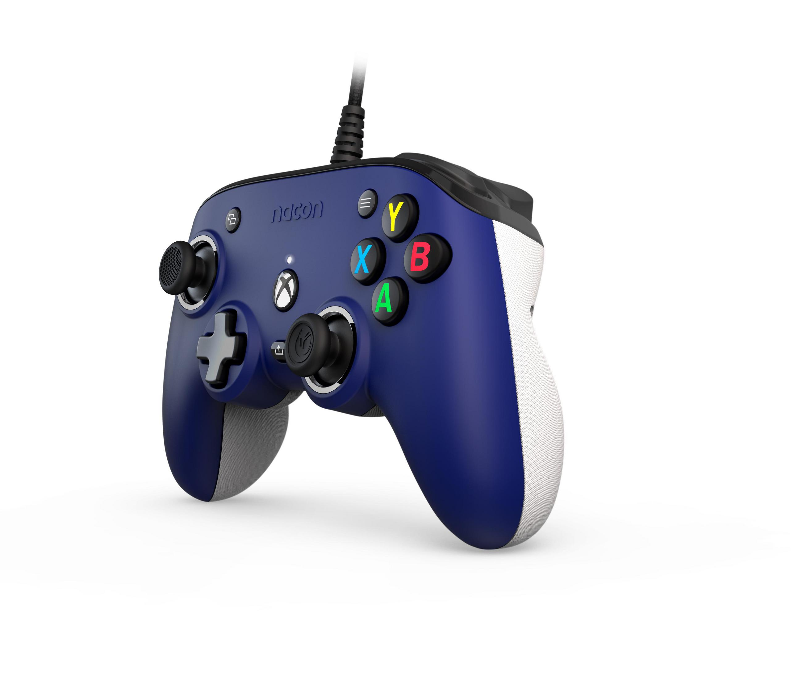 Ciemnoniebieski kontroler Xbox z białymi akcentami, przewodowy.