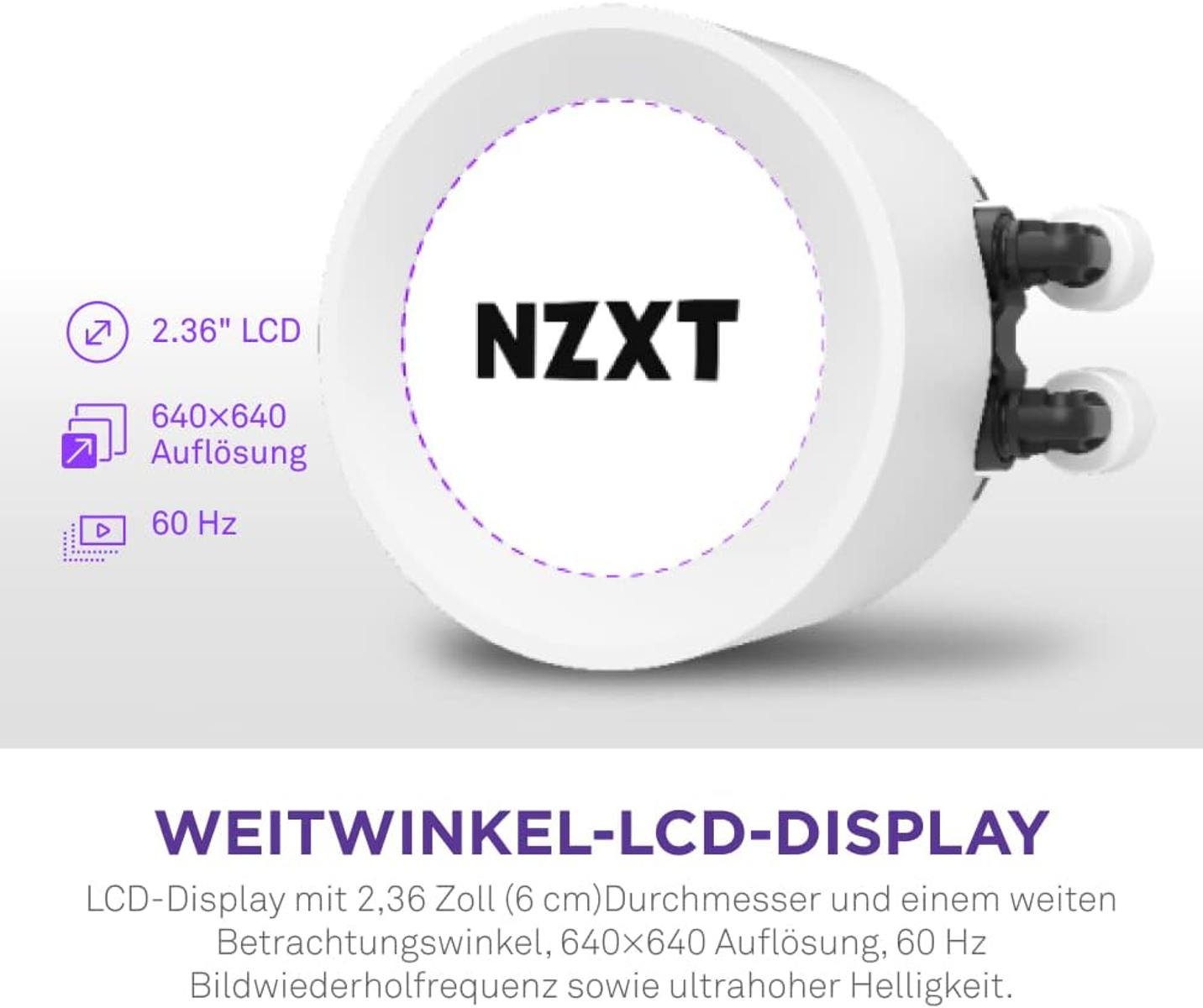 Biała chłodziarka cieczy NZXT, z LCD. Tekst: 2.36" LCD, rozdzielczość 640x640, 60 Hz. Białe tło.