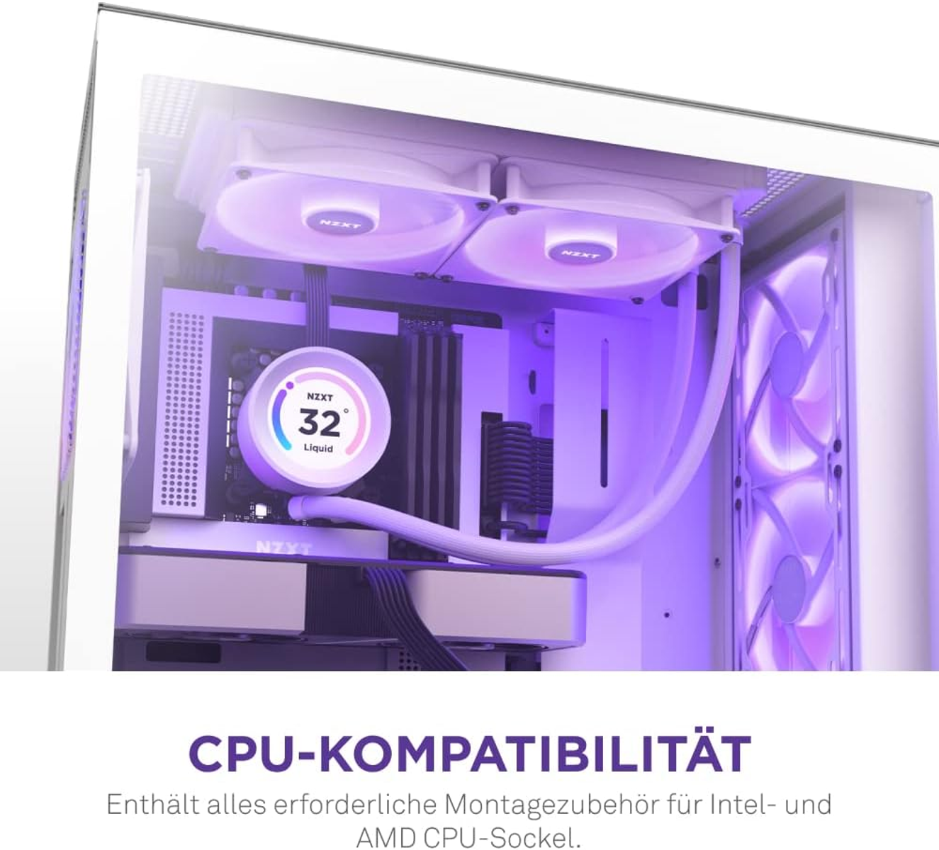 Wnętrze obudowy komputera z chłodzeniem cieczą. Widoczne wentylatory, komponenty i branding NZXT. Fioletowe oświetlenie.