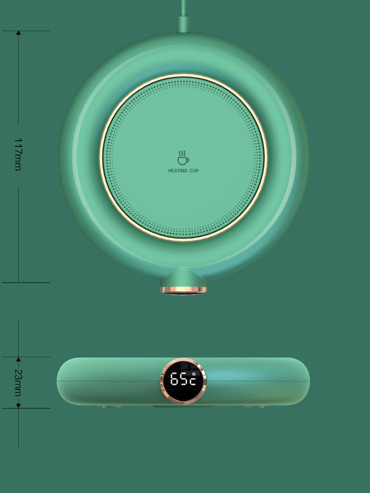 Grüner Becherwärmer mit digitaler Anzeige mit 65°C. Draufsicht zeigt rundes Design.