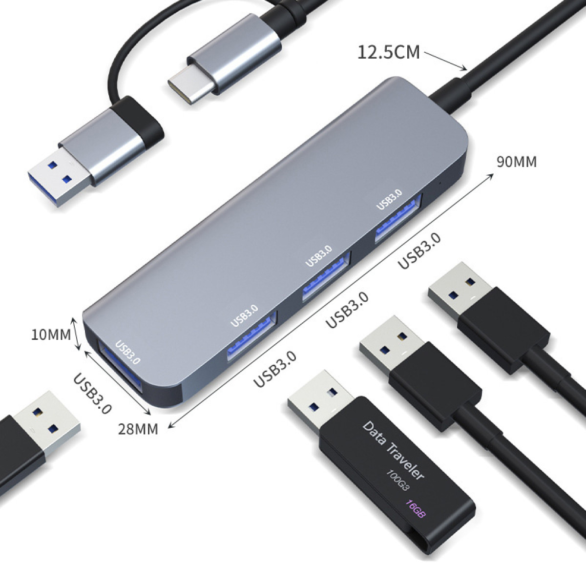 INF USB3.0-Anschlüssen Hub, Silbergrau Dualer Typ-C-USB-A-Hub mit 4