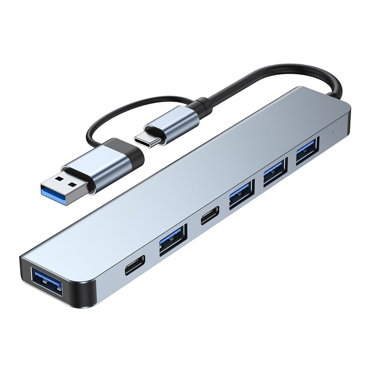 Srebrny hub USB z wieloma portami i kablami.