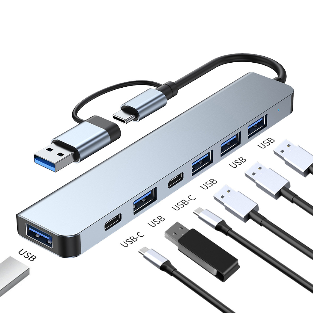 Srebrny hub USB z wieloma portami USB, portami USB-C i podłączonymi kablami.
