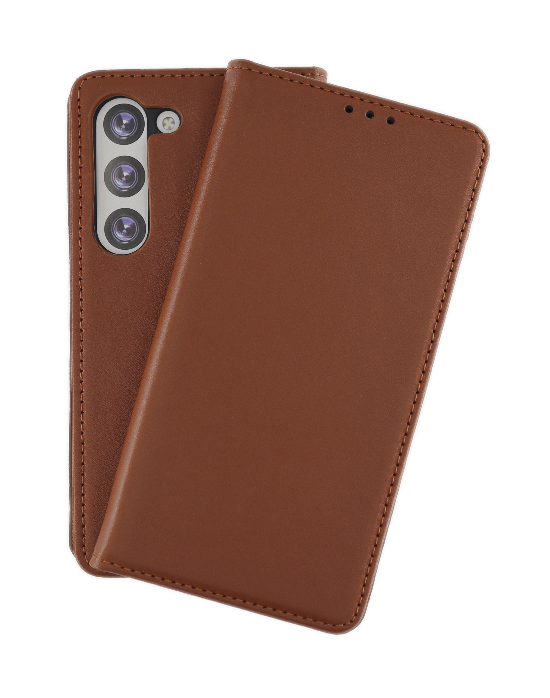 Eine braune Leder-Handyhülle. Das Telefon ist geschlossen und die Rückseite ist sichtbar.