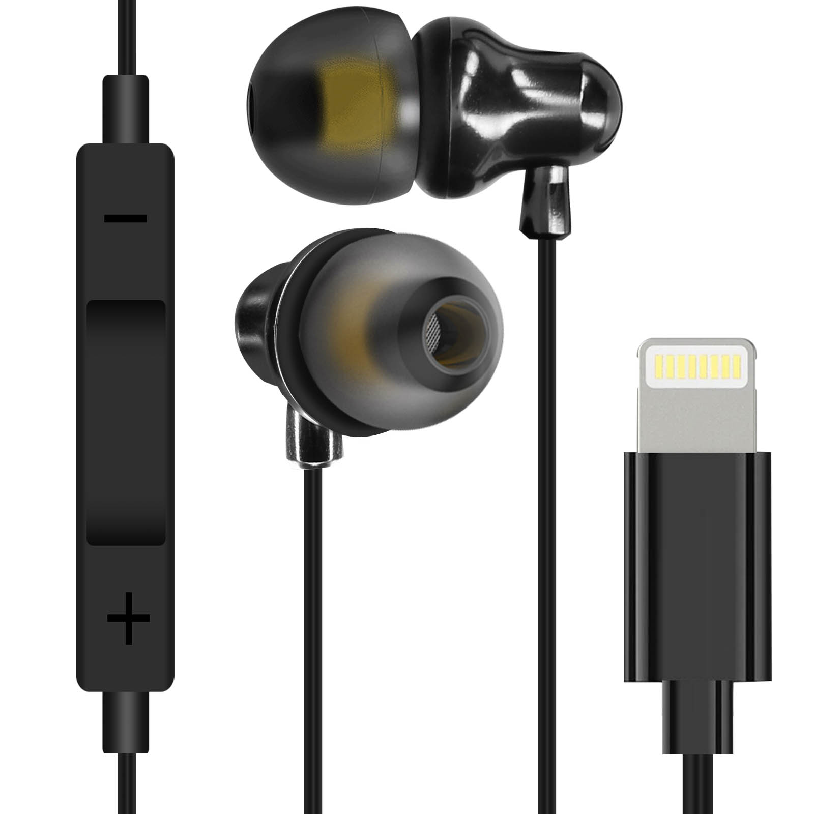 Auricolari neri con controllo del volume e connettore Lightning. Gli auricolari sono trasparenti.