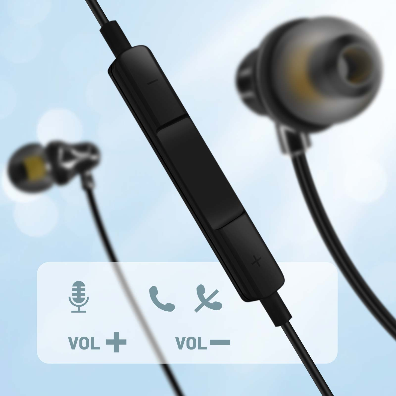 Auricolari neri con un pannello di controllo. Il pannello ha controlli del volume + e - con icone di microfono e telefono.