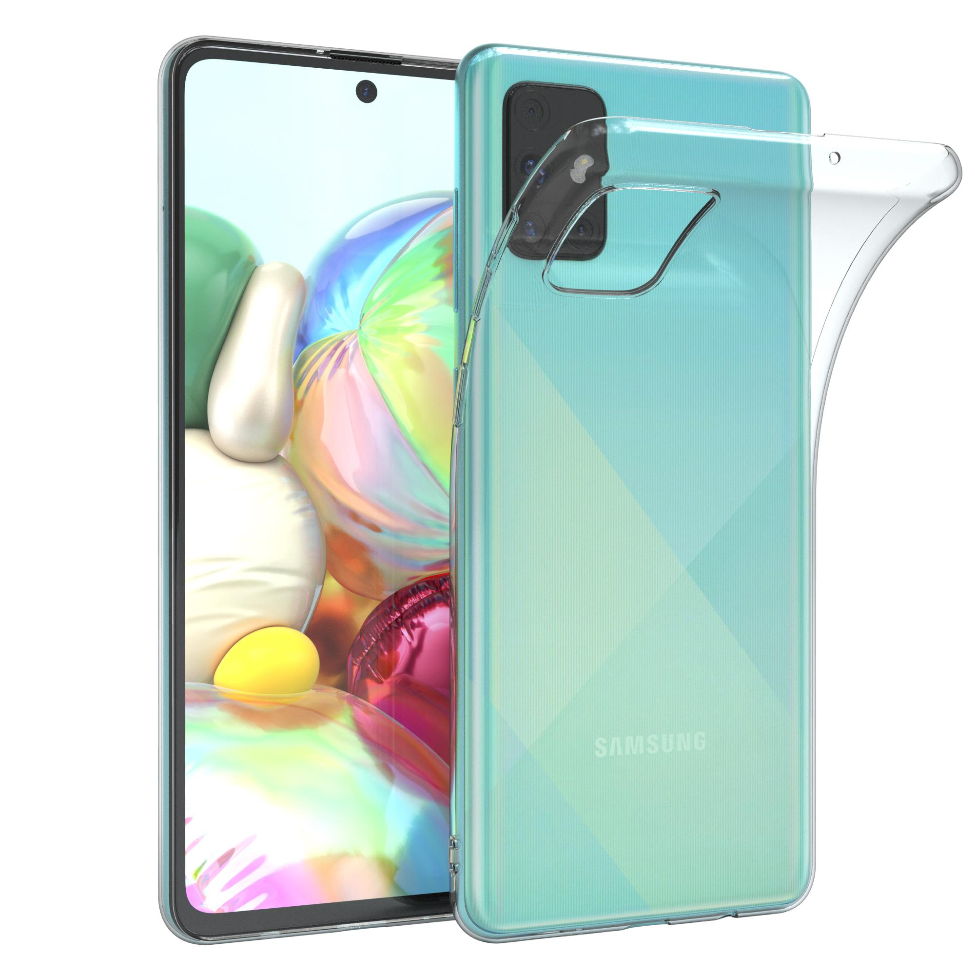 Transparente Handyhülle auf türkisfarbenem Telefon, mit weißem Hintergrund.
