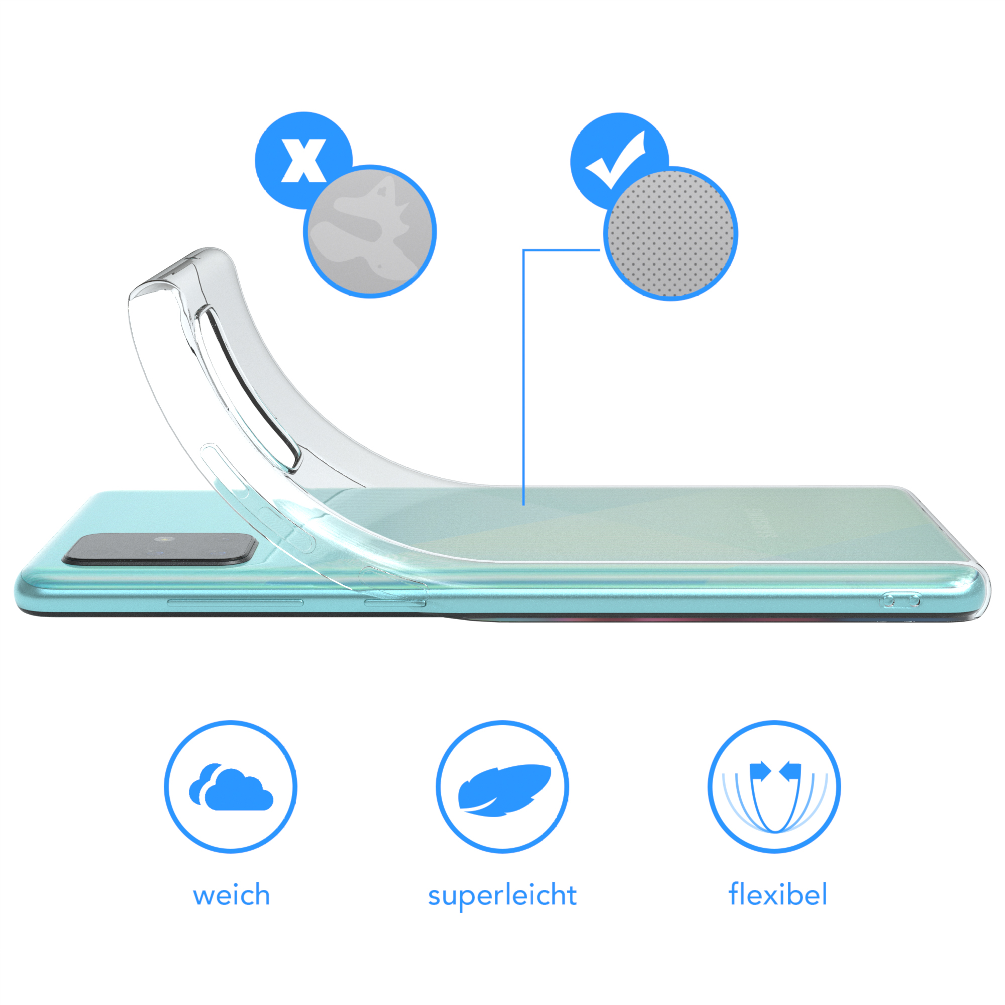 Eine transparente Handyhülle mit visuellen Diagrammen, die Funktionen veranschaulichen.